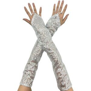 Women's Fingerless Long Sequin Silver Gloves Halloween Party Costume Cosplay